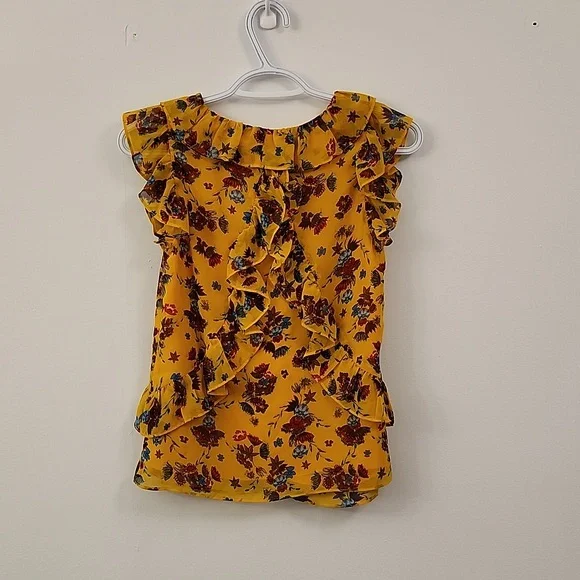 Rebecca Minkoff XXS ruffled short sleeve tie front yellow floral print blouse - Picture 4 of 6